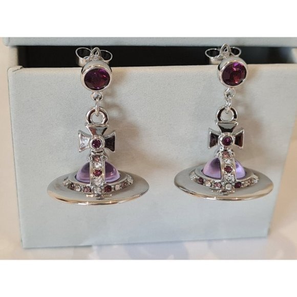 Vivienne Westwood 3D silver tone Purple Orb drop Earrings New with Box - Picture 4 of 12